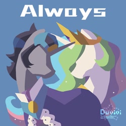 Size: 2000x2000 | Tagged: safe, artist:duvivi, imported from derpibooru, king sombra, princess celestia, alicorn, pony, unicorn, always, blue background, celestibra, duo, female, good king sombra, horn, jewelry, male, mare, no face, profile, regalia, shipping, simple background, stallion, straight