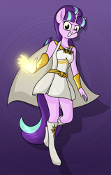 Size: 1511x2373 | Tagged: safe, artist:moonatik, imported from derpibooru, starlight glimmer, anthro, unguligrade anthro, unicorn, abstract background, belt, boots, cape, clothes, crossover, dress, female, grin, looking at you, magic, mare, namesake, pun, s5 starlight, shoes, smiling, solo, starlight (the boys), superhero, the boys, visual pun