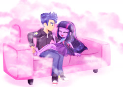 Size: 1600x1132 | Tagged: safe, artist:jucamovi1992, imported from derpibooru, flash sentry, twilight sparkle, human, equestria girls, barefoot, clothes, commission, converse, couch, cute, denim, duo, eyes closed, feet, female, fetish, flashlight, foot fetish, hoodie, jeans, male, pants, shipping, shirt, shoes, skirt, straight, tickling, twiabetes