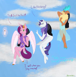 Size: 1280x1311 | Tagged: safe, artist:nyada, imported from derpibooru, pipp petals, rarity, alicorn, anthro, deer, pegasus, reindeer, them's fightin' herds, alicornified, cellphone, clothes, community related, dialogue, female, flying, g5, glowing, glowing horn, headband, horn, jetpack, jewelry, leotard, mare, one eye closed, phone, pippcorn, race swap, raricorn, regalia, sky, sky background, smartphone, trio, trio female, velvet (tfh)