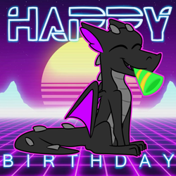 Size: 2500x2500 | Tagged: safe, artist:grandfinaleart, imported from derpibooru, oc, oc only, oc:coal, dragon, birthday, digital art, dragon oc, fangs, gift art, non-pony oc, party horn, retrowave, sitting, smiling, solo, sunglasses, sunglasses on head, synthwave, tron, tron legacy, wings