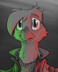 Size: 800x1000 | Tagged: safe, artist:sinrar, imported from derpibooru, gilda, griffon, bust, clothes, female, jacket, looking at you, partial color, portrait, ruffled feathers, solo, worried