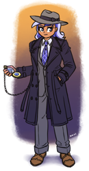 Size: 980x1880 | Tagged: safe, artist:king-kakapo, imported from derpibooru, minuette, human, clothes, detective, fedora, hat, humanized, necktie, pocket watch, shoes, solo, suit, trenchcoat