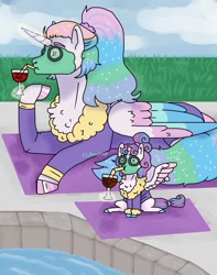 Size: 1500x1900 | Tagged: safe, artist:cluterdrop, imported from derpibooru, princess celestia, princess flurry heart, alicorn, pony, aunt and niece, bathrobe, clothes, colored wings, cucumber, drink, drinking, drinking straw, duo, female, filly, filly flurry heart, foal, folded wings, food, glass, juice, levitation, lying down, magic, majestic as fuck, mare, mud mask, multicolored wings, prone, robe, spread wings, swimming pool, telekinesis, wine glass, wings