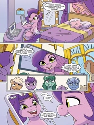 Size: 768x1024 | Tagged: safe, idw, imported from derpibooru, pipp petals, pegasus, pony, spoiler:comic, spoiler:g5comic, spoiler:g5comic04, cellphone, computer, confused, female, g5, headband, heart, jewelry, mare, phone, pillow, pipp pipp hooray, preview, regalia, smartphone, stars