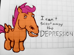 Size: 4000x3000 | Tagged: artist needed, source needed, safe, imported from derpibooru, scootaloo, pegasus, pony, bojack horseman, crossover, cursed image, cutie mark crusaders, depressed, depression, graph paper, hoers, solo, text, traditional art