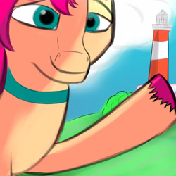 Size: 4000x4000 | Tagged: safe, artist:porcellusketch, imported from derpibooru, sunny starscout, earth pony, pony, absurd resolution, female, g5, lighthouse, looking at you, mare, raised hoof, simple background, smiling, smiling at you, solo