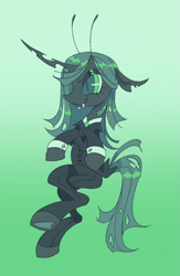 Size: 1101x1684 | Tagged: safe, artist:webkinzworldz, imported from derpibooru, queen chrysalis, changeling, changeling queen, antennae, clothes, cufflinks, female, gradient background, green changeling, horn, solo, suit, tail, underhoof