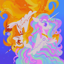 Size: 2000x2000 | Tagged: safe, artist:webkinzworldz, imported from derpibooru, daybreaker, princess celestia, alicorn, pony, duo, female, horn, horn jewelry, jewelry, mare, missing accessory