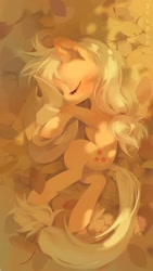 Size: 1080x1920 | Tagged: safe, artist:syq93793068, imported from derpibooru, applejack, earth pony, pony, applejack's hat, cowboy hat, cute, eyes closed, female, hat, hatless, jackabetes, leaf, lying down, mare, missing accessory, on side, profile, sleeping, solo