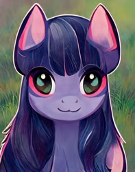 Size: 673x853 | Tagged: safe, artist:earthenhoof, imported from derpibooru, twilight sparkle, pony, :3, ai content, ai generated, bust, female, generator:midjourney, grass, missing horn, outdoors, photoshop, portrait, smiling, solo