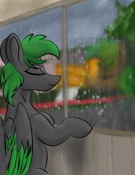 Size: 2550x3300 | Tagged: safe, artist:mr_nate89, imported from derpibooru, oc, oc only, oc:green lightning, pegasus, indoors, rain, solo, window