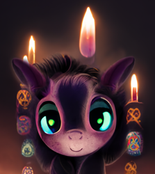 Size: 750x842 | Tagged: safe, artist:earthenhoof, imported from derpibooru, oc, ai content, ai generated, candle, female, fire, generator:midjourney, photoshop, simple background, smiling, solo, symbols, voodoo