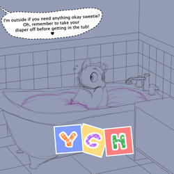 Size: 800x800 | Tagged: safe, artist:binkyroom, imported from derpibooru, pony, ashamed, bathroom, bathtub, commission, covering mouth, cute, diaper, impossibly large diaper, looking sideways, oops, scared, solo, speech bubble, text, your character here