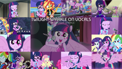 Size: 1280x721 | Tagged: safe, edit, edited screencap, editor:quoterific, imported from derpibooru, screencap, fluttershy, pinkie pie, rainbow dash, rarity, sci-twi, sunset shimmer, twilight sparkle, human, eqg summertime shorts, equestria girls, equestria girls series, get the show on the road, legend of everfree, perfect day for fun, rainbow rocks, rollercoaster of friendship, shake your tail, spring breakdown, spoiler:eqg series (season 2), bass guitar, cute, drum kit, drums, drumsticks, electric guitar, eyes closed, female, geode of empathy, geode of telekinesis, glasses, guitar, legend you were meant to be, magical geodes, microphone, musical instrument, open mouth, open smile, photo booth (song), ponied up, ponytail, school bus, singing, smiling, spread wings, tambourine, text, twiabetes, welcome to the show, wings