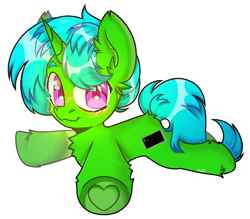 Size: 2000x1748 | Tagged: safe, artist:morttdecaipng, imported from derpibooru, oc, oc only, oc:green byte, pony, unicorn, commission, eye clipping through hair, plushie, simple background, solo, white background, ych result