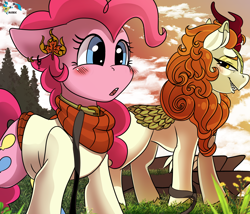 Size: 3500x3000 | Tagged: safe, artist:brainiac, imported from derpibooru, autumn blaze, pinkie pie, earth pony, kirin, pony, :o, autumnpie, blushing, clothes, collar, crack shipping, ear piercing, earring, female, grin, jewelry, leash, lesbian, mare, open mouth, pet play, piercing, shipping, smiling, sweater