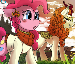 Size: 3500x3000 | Tagged: safe, alternate version, artist:brainiac, imported from derpibooru, autumn blaze, pinkie pie, earth pony, kirin, pony, :o, autumnpie, blushing, clothes, collar, ear piercing, earring, female, grin, jewelry, lesbian, mare, open mouth, piercing, shipping, smiling, sweater