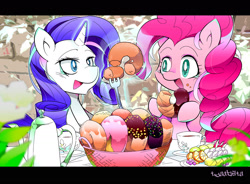 Size: 1800x1325 | Tagged: safe, artist:tyuubatu, imported from derpibooru, pinkie pie, rarity, earth pony, pony, unicorn, cup, donut, food, fork, fruit, glowing, glowing horn, horn, levitation, magic, open mouth, tea, teacup, telekinesis, wiki