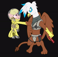 Size: 2260x2221 | Tagged: safe, artist:irkengeneral, imported from derpibooru, oc, oc only, oc:henrietta firebright, oc:puppysmiles, earth pony, griffon, pony, fallout equestria, fallout equestria: pink eyes, bag, black background, fallout, fanfic, fanfic art, female, filly, foal, gun, handgun, hazmat suit, hooves, open mouth, pistol, saddle bag, simple background, weapon, wings