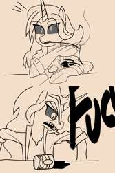 Size: 1280x1920 | Tagged: safe, artist:peel_a_na, imported from derpibooru, oc, oc only, oc:dyx, alicorn, pony, 2 panel comic, alcohol, beer, beer can, beige background, cigarette, cigarette holder, comic, emanata, female, mare, monochrome, mouth hold, older, older dyx, simple background, smoking, solo, spill, spilled drink, vulgar