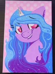 Size: 1522x2030 | Tagged: safe, artist:lbrcloud, imported from derpibooru, part of a set, izzy moonbow, pony, unicorn, bust, colored pupils, g5, portrait, smiling, solo, traditional art