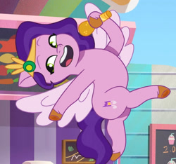 Size: 1766x1651 | Tagged: safe, imported from derpibooru, screencap, pipp petals, pegasus, pony, spoiler:g5, spoiler:my little pony: tell your tale, spoiler:tyts01e21, cropped, female, flying, g5, headband, jewelry, mare, microphone, my bananas, my little pony: tell your tale, open mouth, open smile, raised leg, regalia, smiling, solo, spread wings, wings