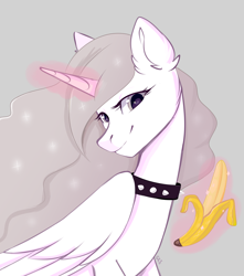 Size: 3300x3740 | Tagged: safe, artist:ske, imported from derpibooru, princess celestia, alicorn, pony, princess molestia, banana, choker, food, solo, spiked choker