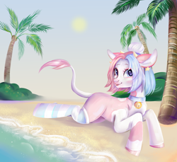 Size: 4200x3840 | Tagged: safe, artist:ske, imported from derpibooru, oc, oc only, cow, cow pony, earth pony, hybrid, pony, beach, bell, bell collar, clothes, collar, leonine tail, looking at you, palm tree, raspberry, smiling, socks, solo, striped socks, sun, tail, tongue out, tree