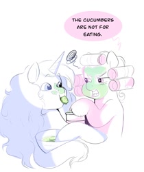 Size: 1009x1200 | Tagged: safe, artist:aztrial, imported from derpibooru, izzy moonbow, pipp petals, pegasus, pony, unicorn, bowl, cucumber, dialogue, duo, eating, female, food, g5, hair curlers, herbivore, limited palette, mare, mouth hold, mud mask, simple background, speech bubble, white background