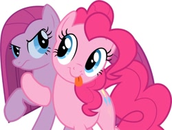 Size: 790x600 | Tagged: source needed, safe, imported from derpibooru, pinkie pie, earth pony, pony, :p, duality, duo, female, hug, looking at each other, looking at someone, mare, photoshop, pinkamena diane pie, simple background, tongue out, white background