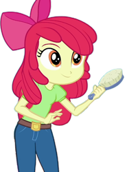 Size: 976x1319 | Tagged: safe, edit, edited screencap, imported from derpibooru, screencap, apple bloom, human, best in show: the pre-show, equestria girls, spoiler:eqg series (season 2), apple bloom's bow, background removed, belt, bow, brush, clothes, denim, female, hair bow, hairbrush, hips, jeans, pants, red hair, shirt, simple background, solo, t-shirt, transparent background, yellow skin
