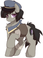 Size: 1190x1595 | Tagged: safe, artist:crimmharmony, imported from derpibooru, oc, oc only, oc:octave slav, earth pony, pony, bandage, chest fluff, clothes, eye clipping through hair, hat, lidded eyes, male, raised hoof, shirt, simple background, solo, stallion, transparent background