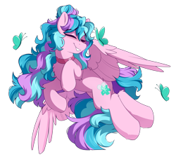 Size: 2343x2100 | Tagged: safe, artist:crimmharmony, imported from derpibooru, oc, oc only, butterfly, pegasus, pony, choker, commission, eyes closed, flying, high res, multicolored mane, simple background, smiling, solo, spread wings, transparent background, wings