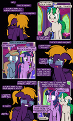 Size: 1920x3168 | Tagged: safe, artist:alexdti, imported from derpibooru, twilight sparkle, oc, oc:brainstorm (alexdti), oc:purple creativity, oc:star logic, alicorn, pegasus, pony, unicorn, comic:quest for friendship, comic, confession, crying, dialogue, ears back, eyes closed, female, floppy ears, folded wings, glasses, gritted teeth, high res, horn, male, mare, narrowed eyes, open mouth, pegasus oc, pinpoint eyes, raised hoof, sad, sitting, speech bubble, stallion, teeth, twilight sparkle (alicorn), twilight's castle, two toned mane, unicorn oc, wings