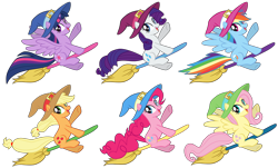 Size: 4881x2940 | Tagged: safe, artist:lillyleaf101, imported from derpibooru, applejack, fluttershy, pinkie pie, rainbow dash, rarity, twilight sparkle, alicorn, pony, broom, cute, dashabetes, diapinkes, flying, flying broomstick, hat, jackabetes, mane six, raribetes, shyabetes, simple background, transparent background, twiabetes, twilight sparkle (alicorn), witch hat