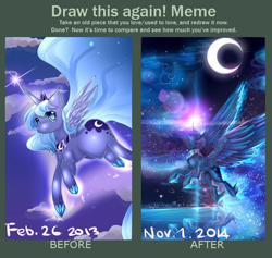 Size: 784x744 | Tagged: safe, artist:aquagalaxy, imported from derpibooru, princess luna, alicorn, pony, comparison, draw this again, long mane, long tail, redraw, tail