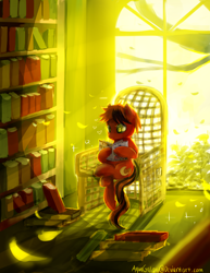 Size: 3000x3882 | Tagged: safe, artist:aquagalaxy, imported from derpibooru, oc, oc only, earth pony, pony, book, bookshelf, chair, high res, reading, sitting, solo, window