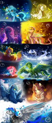 Size: 2000x4700 | Tagged: safe, artist:aquagalaxy, imported from derpibooru, pinkie pie, oc, oc:crimson sunset, oc:emerald rescue, oc:silverlay, oc:sloppy smile, butterfly, earth pony, pegasus, pony, unicorn, armor, bow, chainmail, clothes, crying, cupcake, female, flying, food, hair bow, high res, male, mare, mug, pumpkin, scarf, stallion, sweater, tea