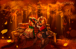 Size: 2000x1294 | Tagged: safe, artist:aquagalaxy, imported from derpibooru, oc, oc only, oc:bullet song, oc:saskia, earth pony, pony, autumn, bench, clothes, female, hat, male, neckerchief, oc x oc, scarf, shipping, straight