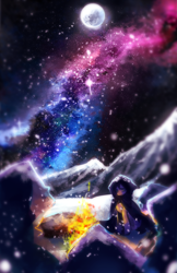 Size: 2000x3090 | Tagged: safe, artist:aquagalaxy, imported from derpibooru, oc, oc only, pony, cloak, clothes, fire, high res, moon, night, poem, snow, snowfall, solo