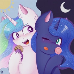 Size: 2524x2544 | Tagged: safe, artist:galaxy swirl, imported from derpibooru, princess celestia, princess luna, alicorn, pony, :p, candy, cookie, cute, cutelestia, ethereal mane, food, hoof hold, lollipop, lunabetes, moon, one eye closed, royal sisters, siblings, sisters, smiling, sun, tongue out, unshorn fetlocks, wink