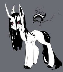 Size: 639x733 | Tagged: safe, artist:vincher, imported from derpibooru, oc, oc:neeble, monster pony, unicorn, black saliva, black sclera, black tongue, cloven hooves, colored sketch, creepy, crooked horn, dripping, fangs, gooey, horn, male, male oc, multiple eyes, open mouth, scar, slime, tail, unknown species, wet, wet mane, wet tail, white coat