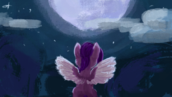 Size: 1280x720 | Tagged: safe, artist:imiya, imported from derpibooru, pipp petals, pegasus, pony, cloud, facing away, female, full moon, g5, mare, moon, night, rear view, sitting, solo, spread wings, stars, wings
