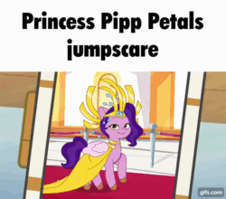 Size: 640x563 | Tagged: safe, edit, edited screencap, imported from derpibooru, screencap, pipp petals, pegasus, pony, spoiler:g5, spoiler:my little pony: tell your tale, spoiler:tyts01e21, animated, clothes, crown, dress, female, g5, gif, it's coming right at us, jewelry, jumpscare, mare, meme, my bananas, my little pony: tell your tale, regalia, solo