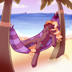 Size: 1024x1024 | Tagged: safe, artist:maeveadair, imported from derpibooru, oc, oc only, oc:raika, earth pony, pony, beach, eyes closed, female, hammock, hooves behind head, lying down, mare, on back, open mouth, palm tree, reclining, smiling, solo, tree