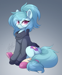 Size: 888x1082 | Tagged: safe, artist:scarlet-spectrum, imported from derpibooru, oc, oc only, oc:whispy slippers, earth pony, pony, clothes, eye clipping through hair, glasses, gradient background, looking at you, open mouth, ponytail, slippers, socks, solo, sweater