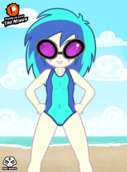 Size: 1920x2600 | Tagged: safe, artist:theminus, imported from derpibooru, dj pon-3, vinyl scratch, human, equestria girls, beach, clothes, female, high res, one-piece swimsuit, solo, swimsuit, younger