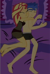 Size: 3000x4447 | Tagged: safe, artist:sarahthefox97, artist:uzzi-ponydubberx, imported from derpibooru, flash sentry, sunset shimmer, human, equestria girls, base used, bed, cuddling, duo, female, flashimmer, imminent sex, male, shipping, straight