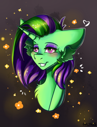 Size: 1980x2604 | Tagged: safe, artist:yuris, imported from derpibooru, oc, oc only, oc:stoney kush, pony, unicorn, abstract background, bust, commission, cute, female, green skin, horn, pink eyes, portrait, simple background, smiling, solo, two toned mane, unicorn oc